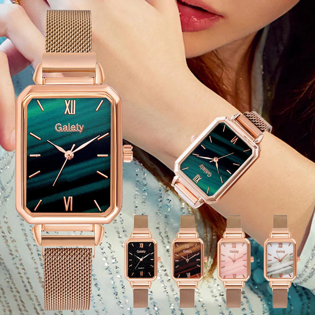 2022 OEM New Women Watches Quartz Fashion Square Ladies Watch Set Green Dial Simple Mesh Lady Female Elegant Dress Bracelet