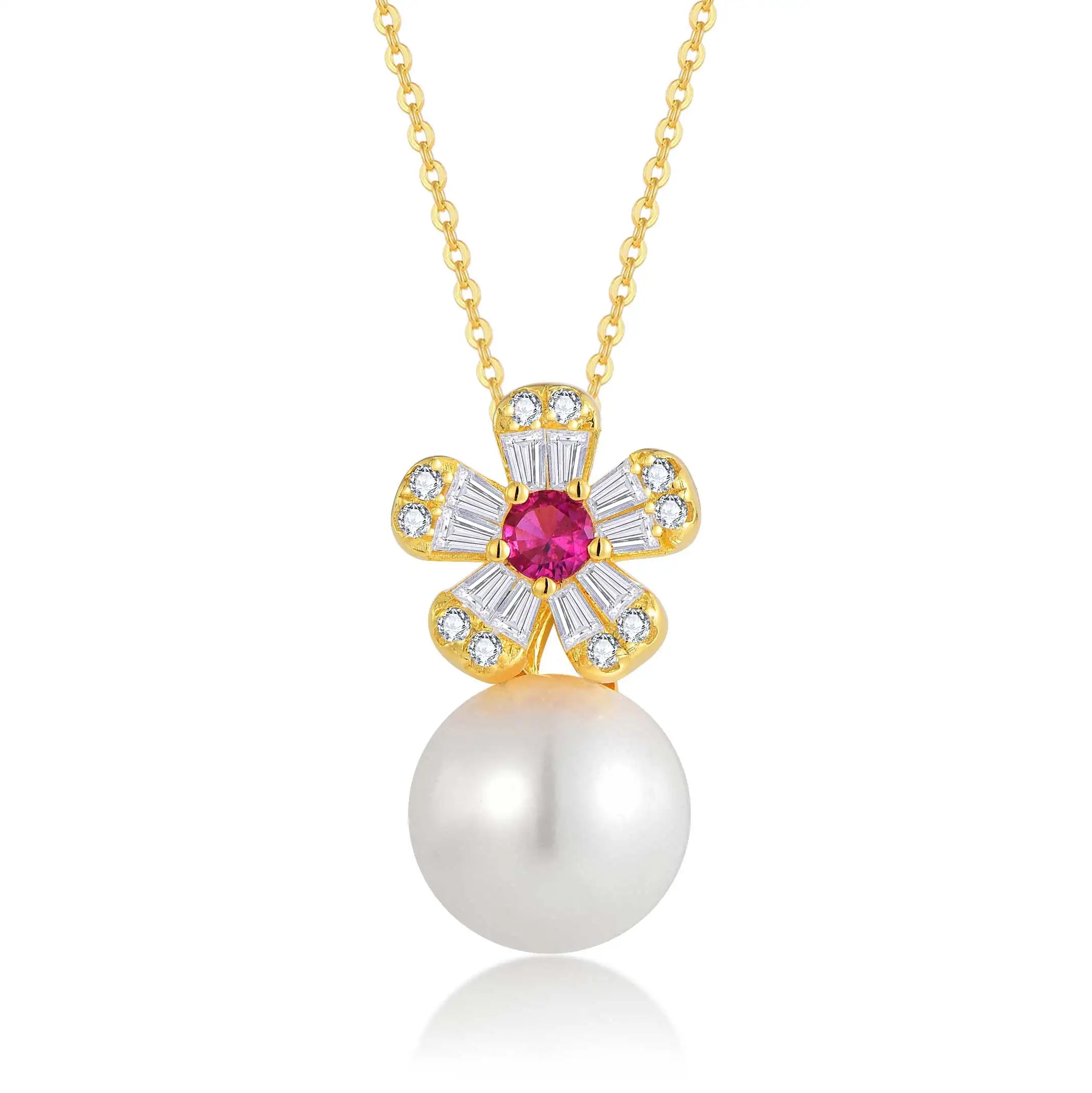 QX CUSTOM OEM Fine Jewelry Dainty 18K Gold Plated 925 Silver Cubic Zircon Round Pearl Pendant Fashion Flower Necklaces for Women