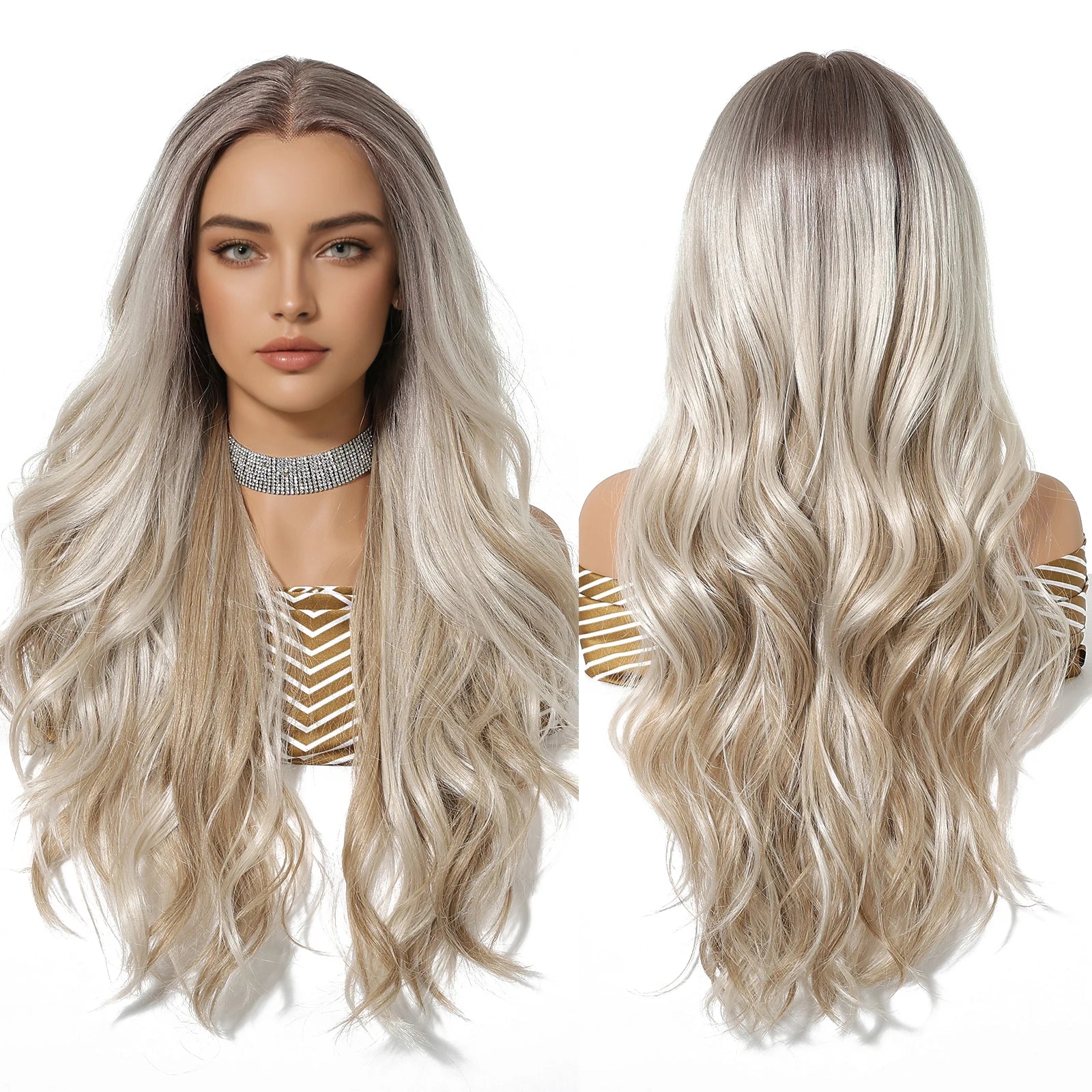 Colorful Blonde 13*6 Large Area Lace Wig Synthetic Future Fiber Long Natural Layered Supple Wave Wig Mixed Color High Density