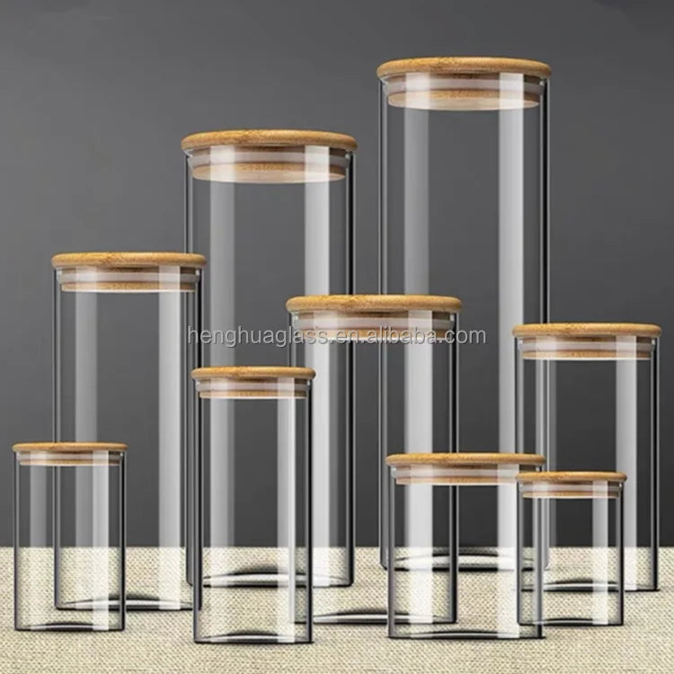 High Borosilicate Glass Jar Diameter 65mm 85mm 100mm Kitchen Food Storage Dry Fruit Multigrain Seal Jar With Bamboo Wood Cap