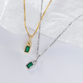 Fashion Jewelry 925 Sterling Silver Necklaces square Lock Emerald Green Zircon Gold Plated Necklaces Women St. Patrick's Day