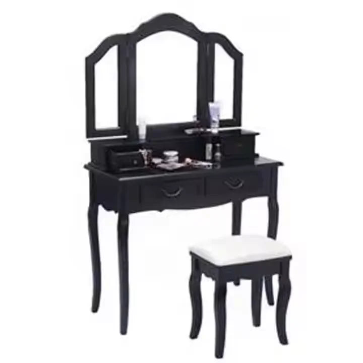 Classic Black Dressing Table Cabinet with Drawer and Stool