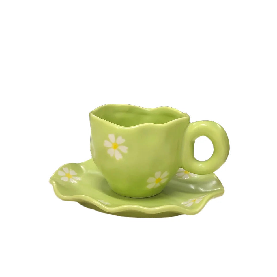 New Irregular Heart-Hand Painted Ceramic Cup Girl's Afternoon Tea Breakfast Cup with Coffee Saucer Set