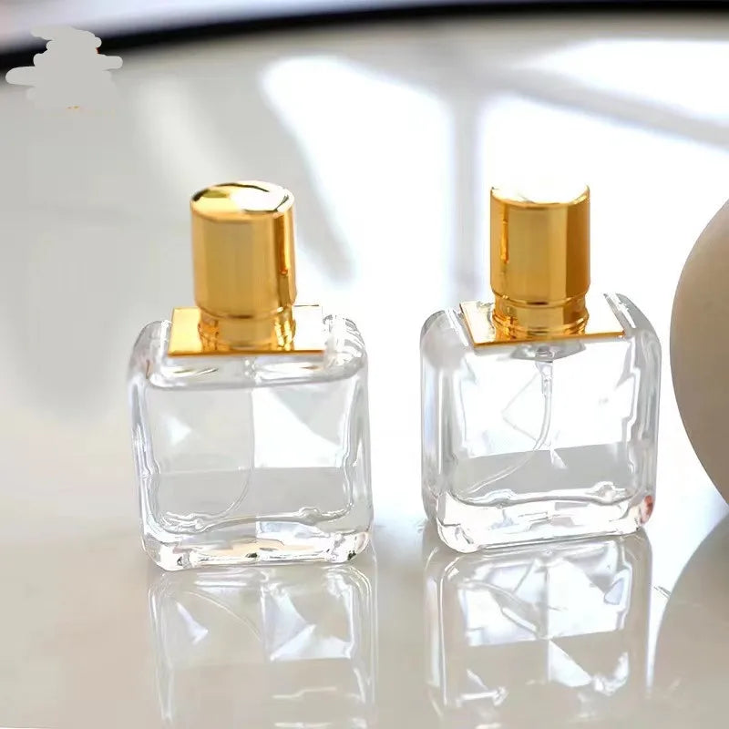 Empty 30ml clear square Shape Transparent Color Gold Lid Fine Mist Spray Glass Perfume Bottle Screw Cap