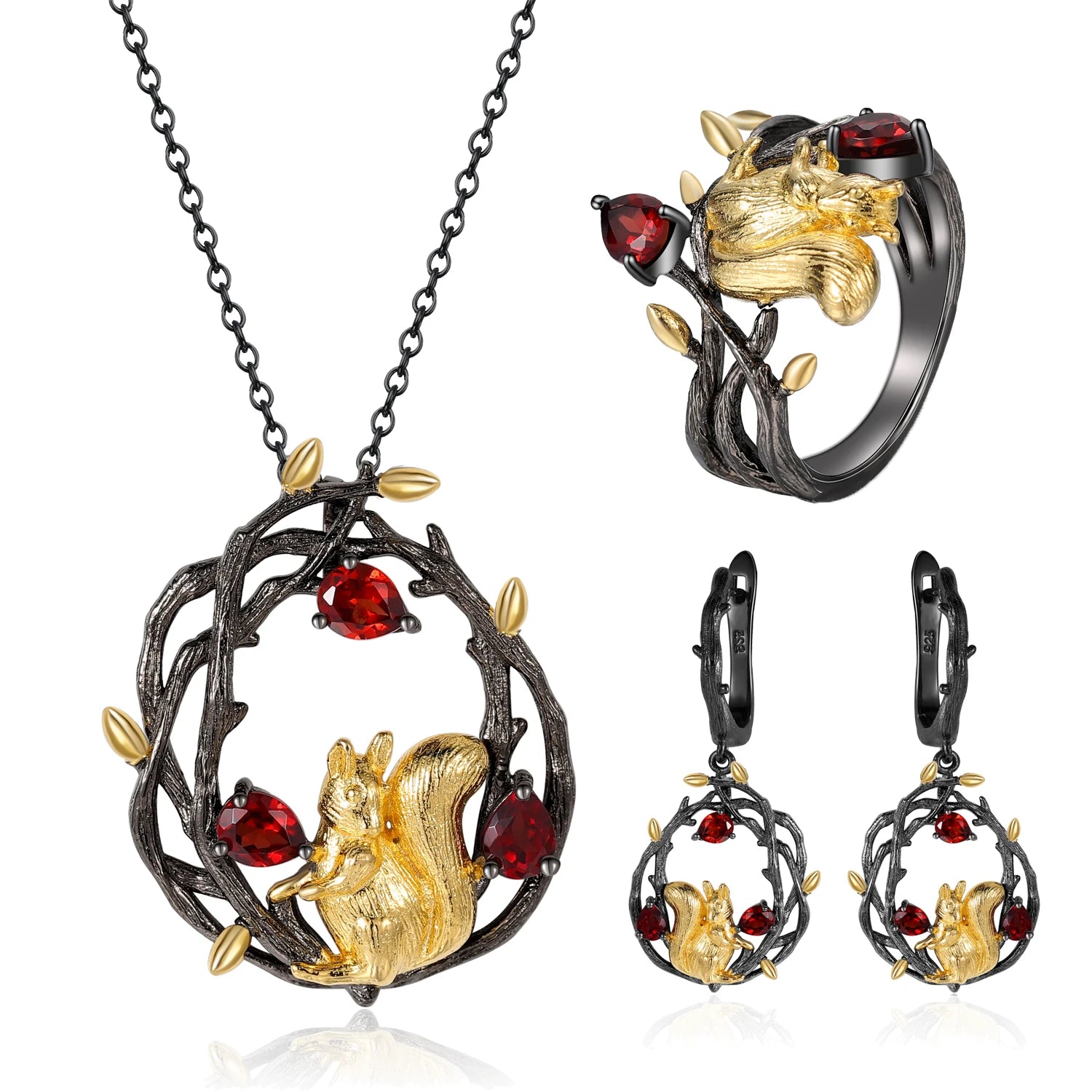 C7874 Abiding Jewelry Long Lasting Plating Pear Natural Red Garnet Squirrel Designs 925 Sterling Silver Jewellery Wedding Sets