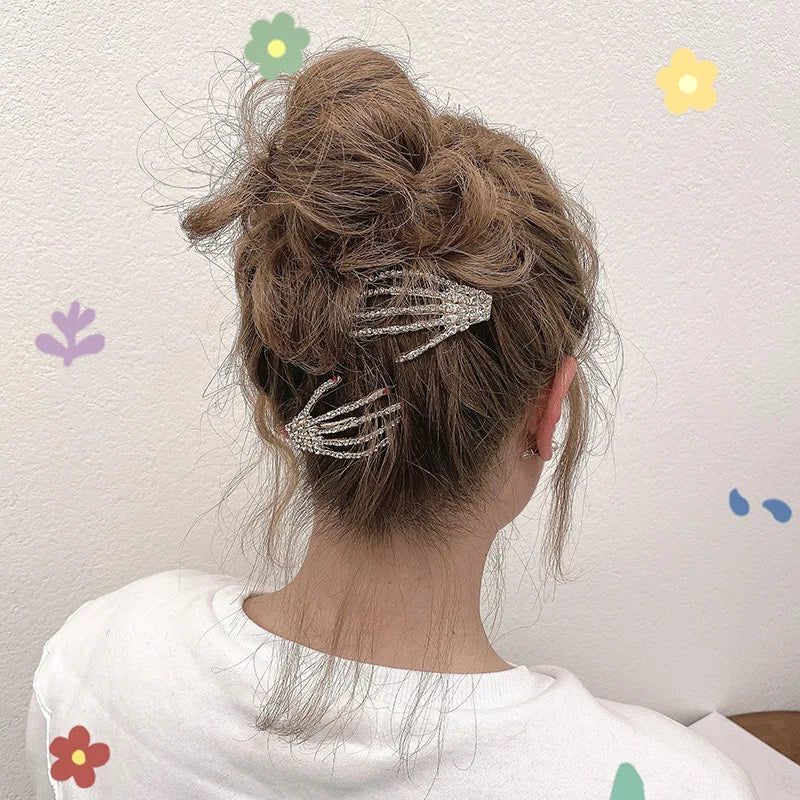 HOVANCI Hips Hops Punk Night Club Women Hair Accessories Rhinestone Skull Claw Hand Hair Clips Bling Crystal Hair Pins