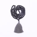 100% Handmade Classic Knotted Grey Tassel Volcanic Black Lava Rock Quartz Beaded Bracelet Mala Necklace