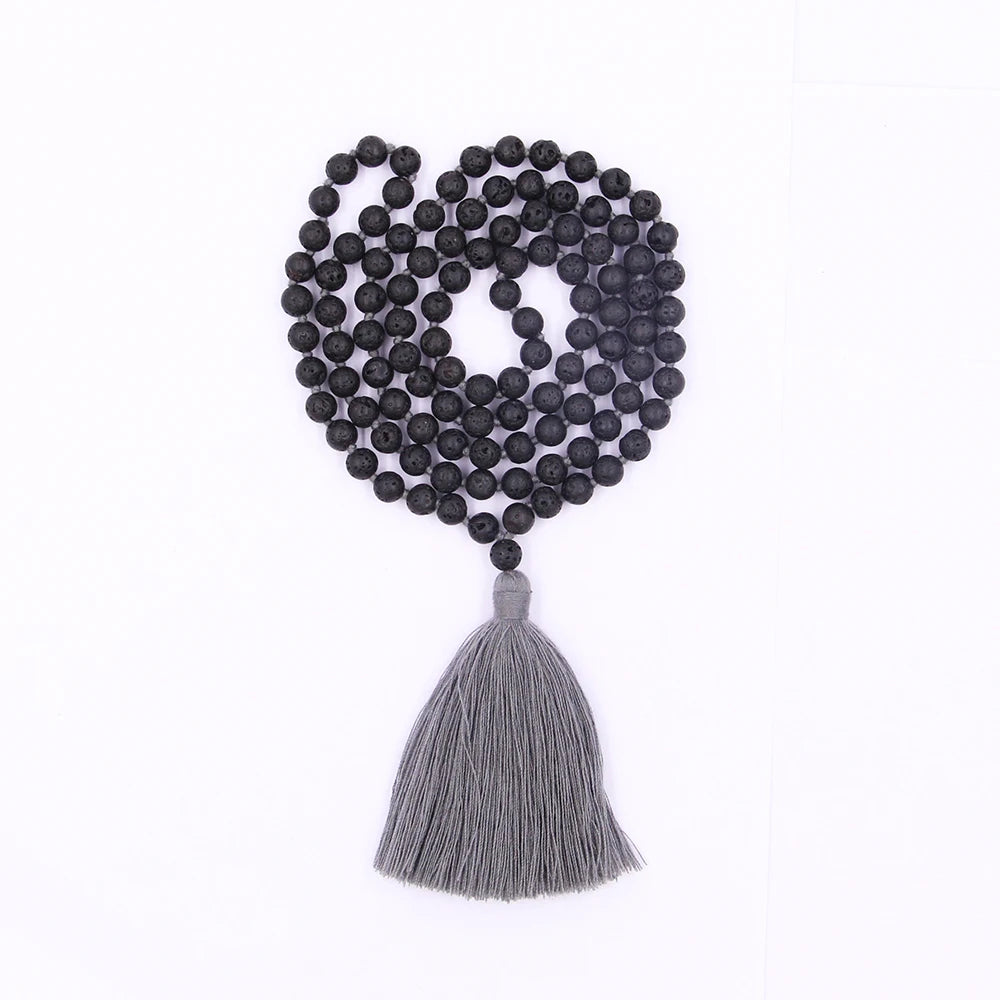 100% Handmade Classic Knotted Grey Tassel Volcanic Black Lava Rock Quartz Beaded Bracelet Mala Necklace