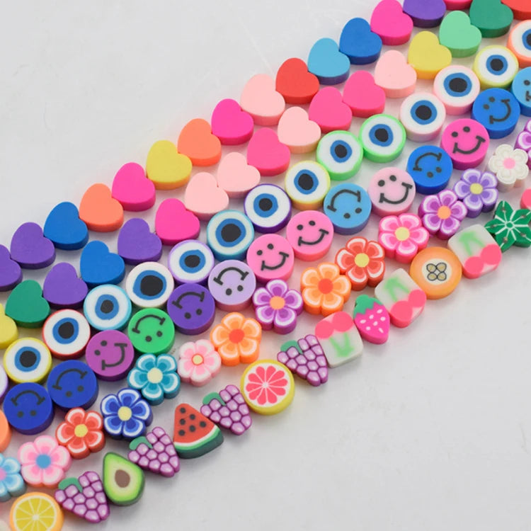 100pcs 3d Figure Beads Fruit Flower Heart Smile Clay Bead Keychain Mixed Polymer Clay Beads Jewelry Making