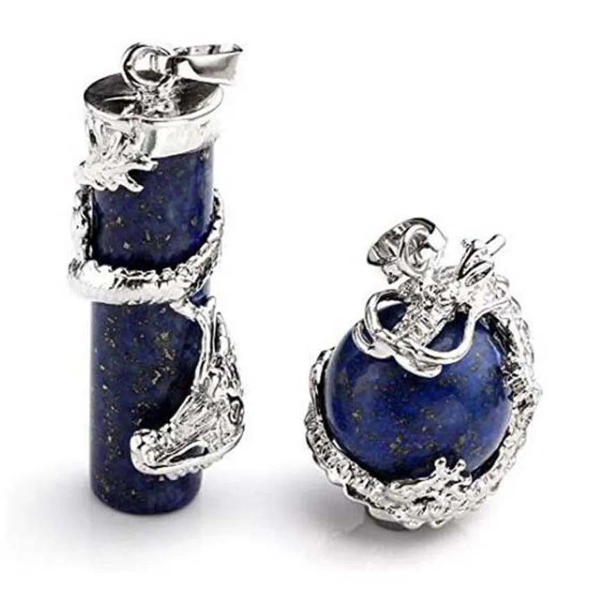 DIY Hongzhuo Fashion Silver Dragon Wrapped Round Ball+ Cylinder Lapis lazuli Gemstone Necklace Pendant