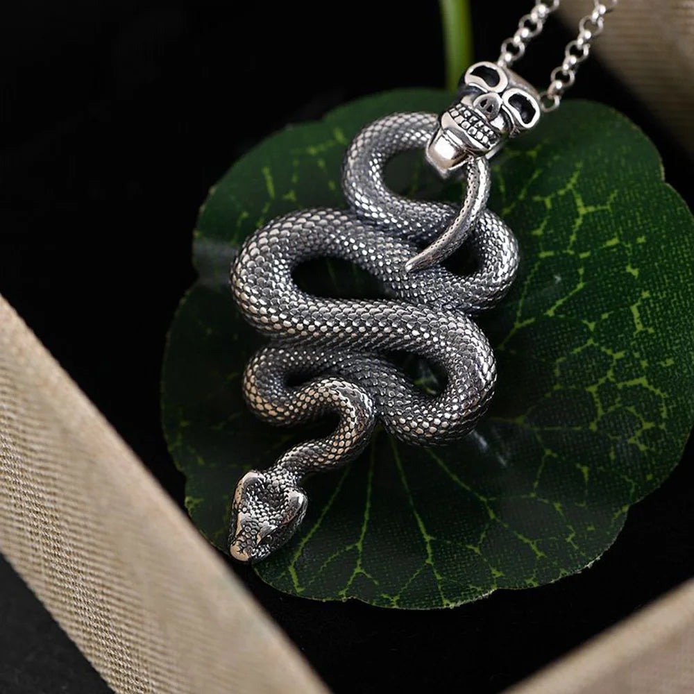 925 Sterling Silver Snake Skull Pendant Thai Silver Antique Style Cool Personality Punk Skeleton Pendants for Men