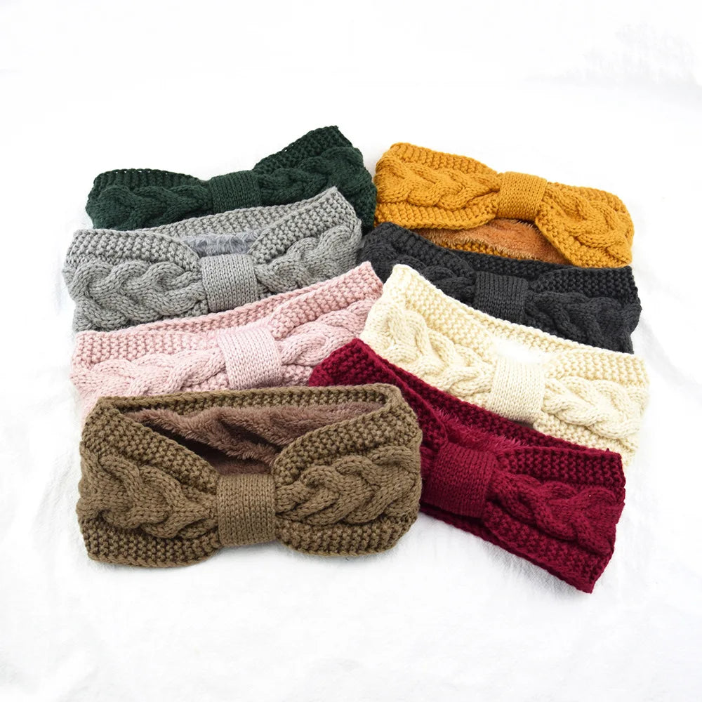 European and American Velvet Knitted Hair With Twist Bow Headband Movement Hair Hoop to Protect Ear Warm Wool Hair Accessories