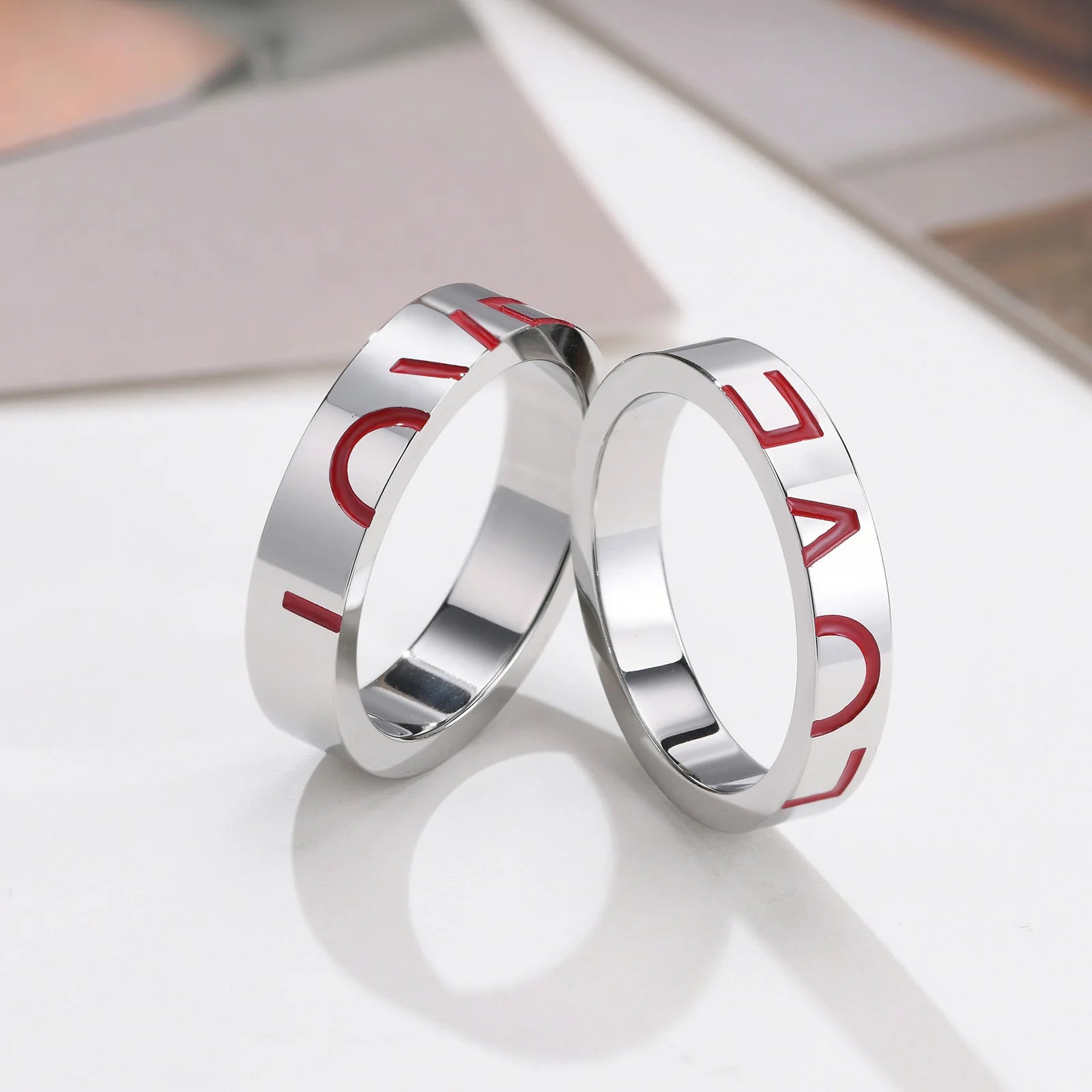 Engagement Wedding Rings Jewelry Stainless Steel Corrosion Red Love Couple Ring for Men Women Love Letter Matching Promise Ring