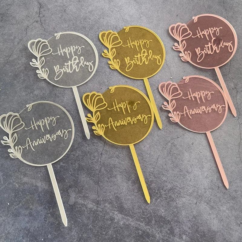 Acrylic Happy Birthday Anniversary Cake Toppers Engraved Party Supplies for Cake Decoration for Celebrating Events