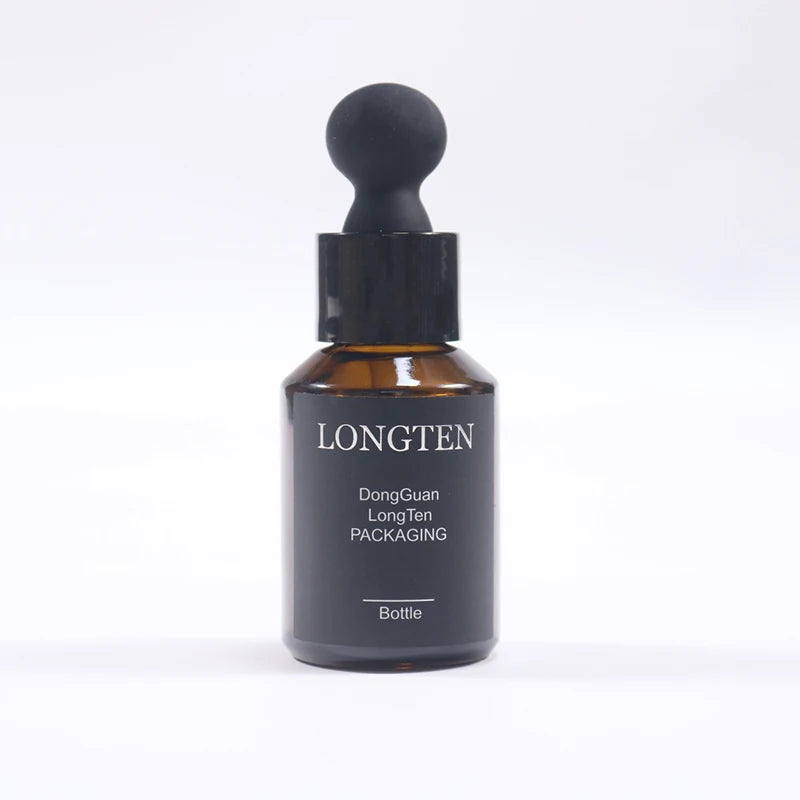 Custom Luxury 30ml Clear Amber Round Glass Cosmetic Dropper Bottle with Black Dropper Screen Printing Pump Sprayer Sample Free