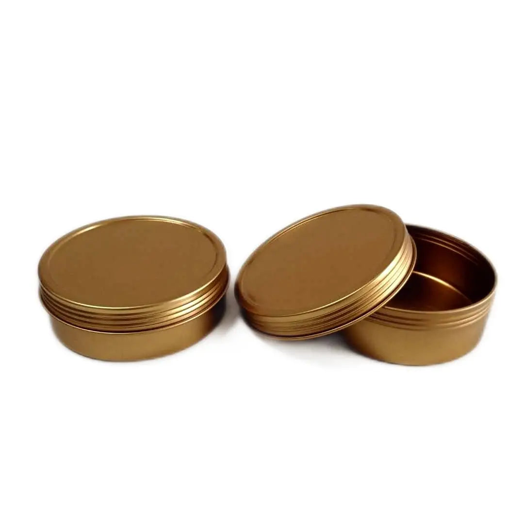 Wholesale 4OZ Flat Shallow Candle Tin with Screw Lid or Threaded Twist off Lid in Copper Bronze Gold Pomade Salve Container