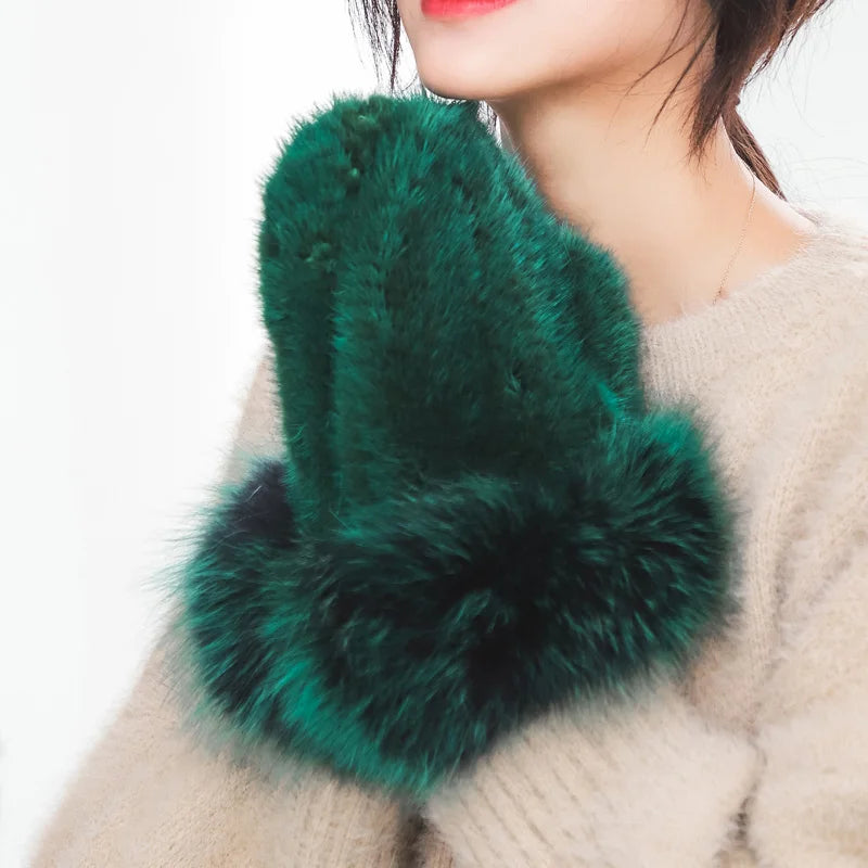 MWFur Fashion Knitted Mink Fur Gloves With Fox Fur Trimming Luxury Winter Mink Mittens Lady