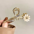 Nordic Gold Metal Hair Claws for Women and Girls with Rhinestone Pearl Flower Accent