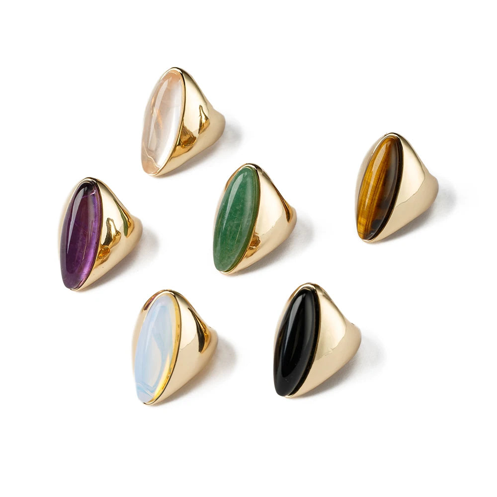 Natural Gemstone Rings 18K Gold Adjustable Quartz Crystal Ring for Men Womans