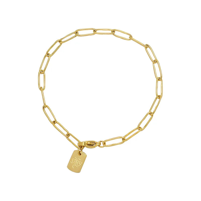 Custom 18K Gold Plated Engraved Letter Square Titanium Steel Wide Paper Clip Chain Bracelet Bangle