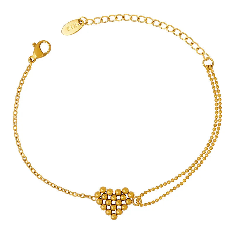 Euro American Dainty Double Layer Double Chain Steel Ball Splice Peach Heart Love Pendant Bracelet Stainless Steel for Girl