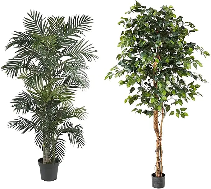Nearly Natural Large 6.5ft Golden Cane Palm Silk Tree Green & Natural 6ft Ficus Artificial Trees 72in Green Plastic Material