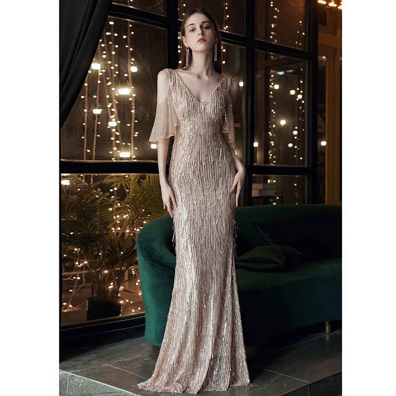 Sequin Tassel Drill Off Shoulder Sleeve Fish Tail Evening Dress Women Prom Wedding Dresses