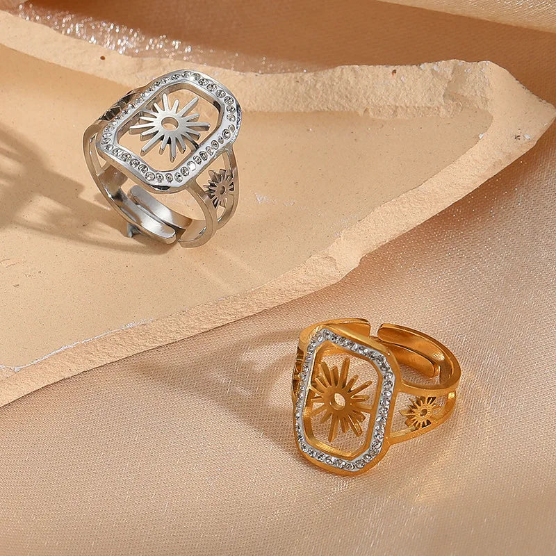 Light Luxury Gold Plating Stainless Steel Zirconia Hollow Sun Ring Shining Cz Geometric Square Finger Ring