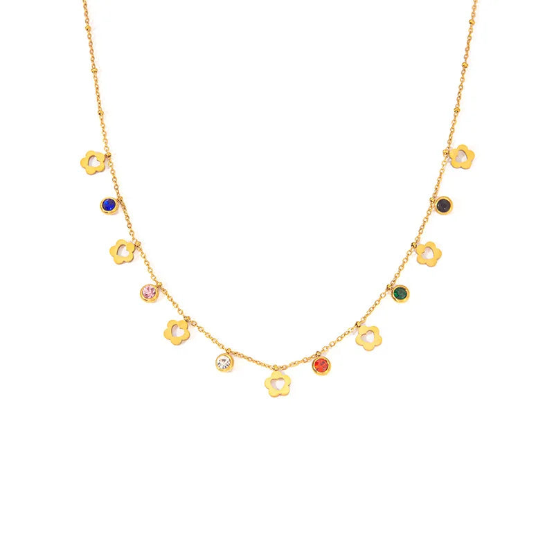 Waterproof Jewelry 18k Gold Plated Colored Zircon Dolphin Heart Cross Pendant Non Tarnish Stainless Steel Flower Necklace