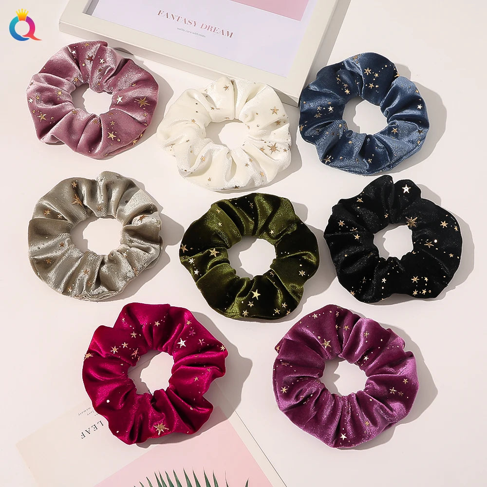 QIYUE Velvet Gold Star Print Scrunchies Scrunchy  Chouchou Girl Woman Ponytail Holder