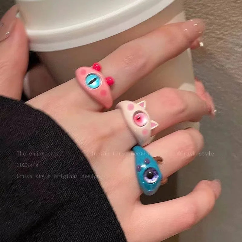 Colorful Eyes Monster Kitten Rabbit Pearl Baroque Style Ring Kirby Simple Best Friend Gift Alloy Anime Cartoon Eyes Star Rings