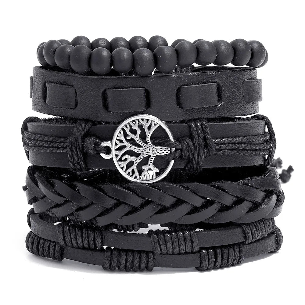 Wholesale Vintage Leather Bracelets Handmade Woven 5pcs/set Life Tree Metal Lucky Charm Bracelets for Men and Women
