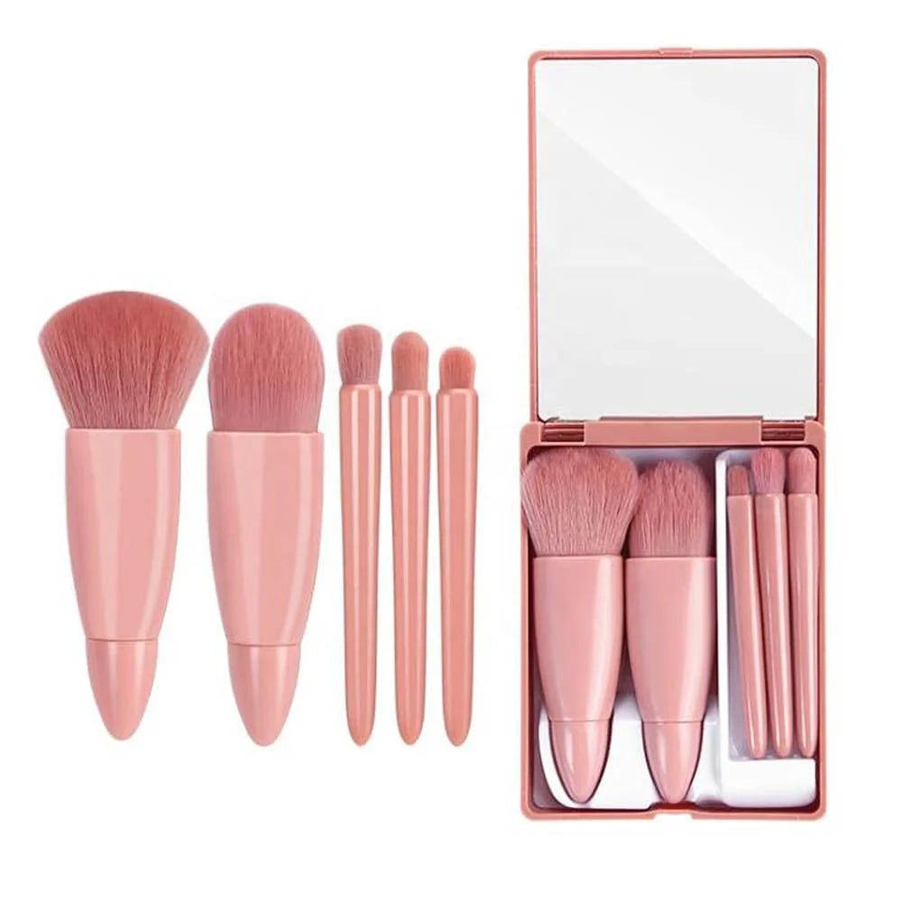 Portable Travel Makeup Brush Set 5pcs Mini Complete Function Cosmetic Brushes Kit with Mirror