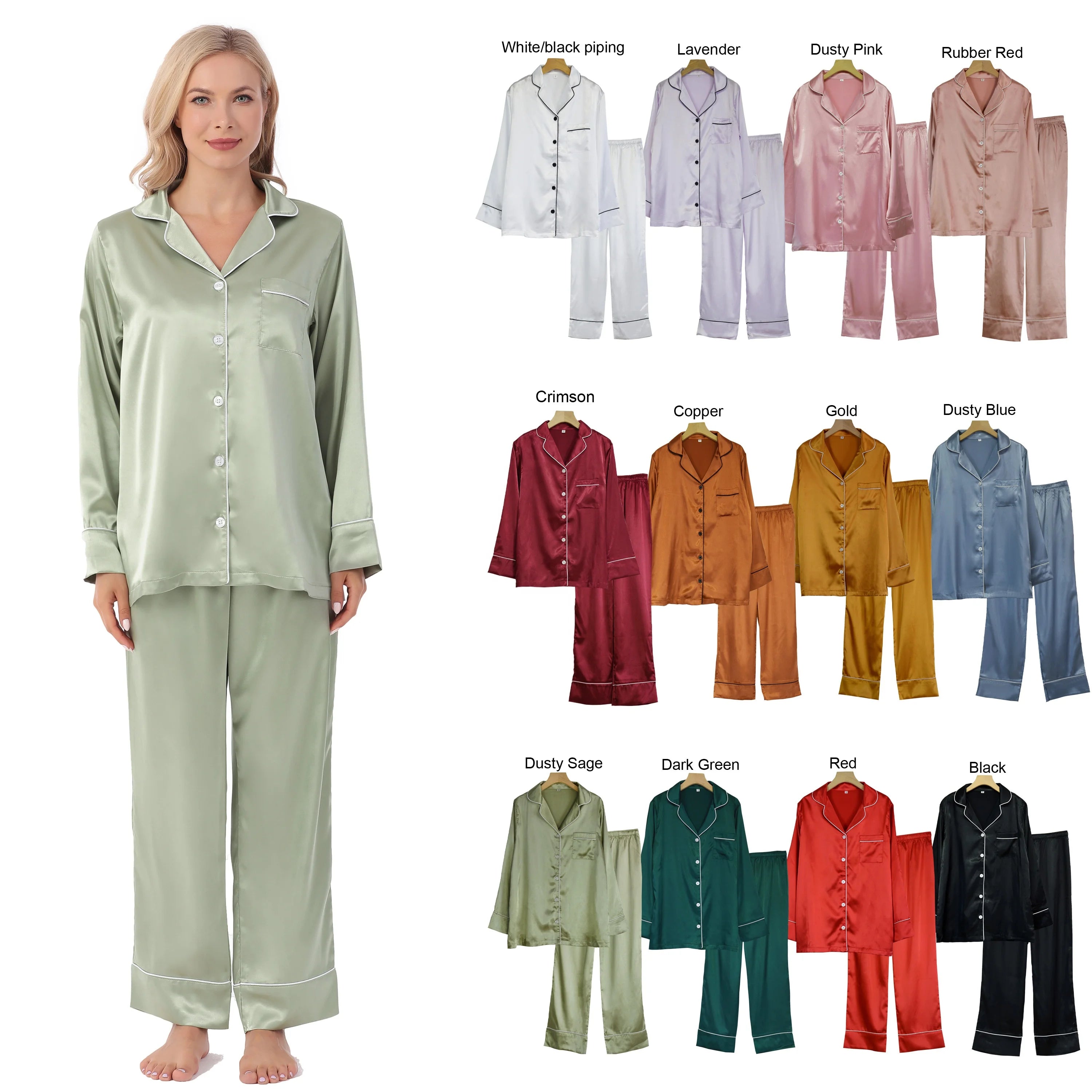 Wholesale Women  PJ  Long Sleeves Silk Satin Pajamas Sleepwear Sets