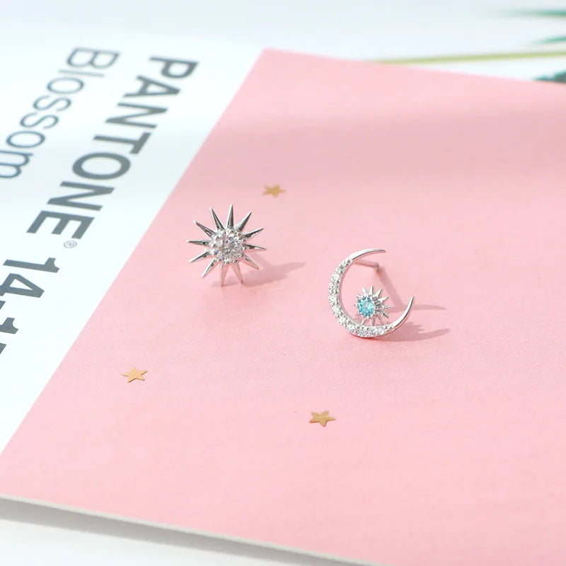 925 Silver Ear Nail Female Creative Star Moon Small Earrings Sterling Silver Temperament Asymmetric Personality Earrings