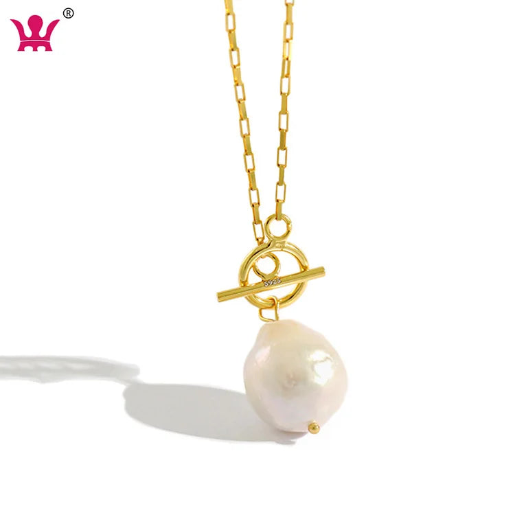 Women Chunky Gold Chain Link Necklace with Baroque Natural Pearl S925 Sterling Silver Necklaces