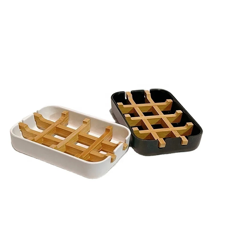 NO PLASTIC Bathroom Accessory Eco-friendly Bamboo Fiber Wooden bar Soap Dish Holder Drain Tray for Bathroom Shower