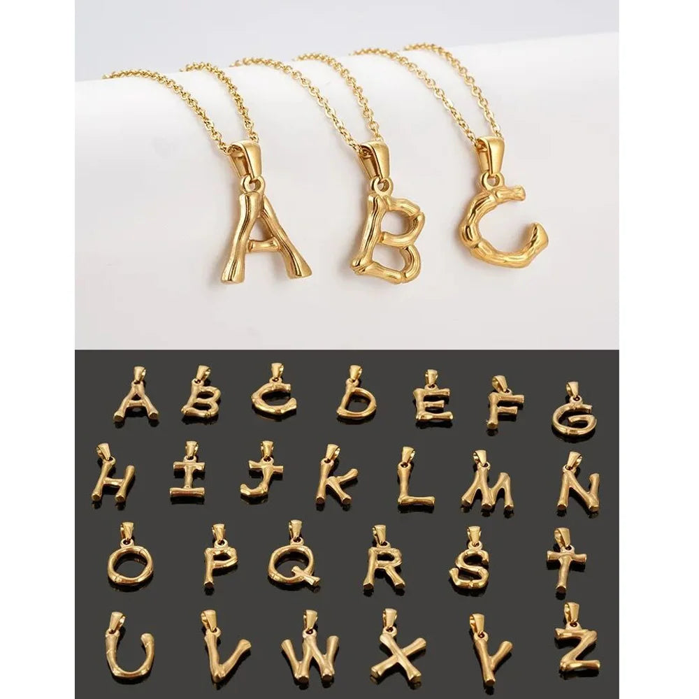 Bohemian Bamboo Letter Necklace Pvd Gold Stainless Steel Women Alphabet Initial Letter Pendant 26 English Letter Necklace