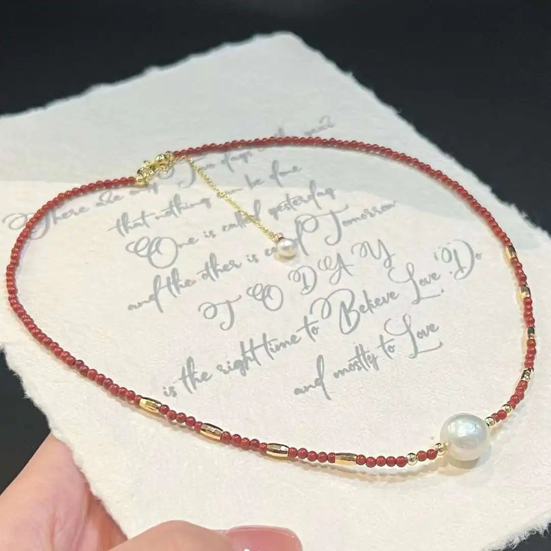 Chinese Style Necklace 2mm Natural Southern Red Agate 11-12mm Natural Baroque Freshwater Pearl Collarbone Chain New Collection