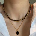 Vintage Natural Black Gallstone Double Layered Brass Electroplated 18k Gold Crushed Gold Beaded Necklace Jewelry Customization