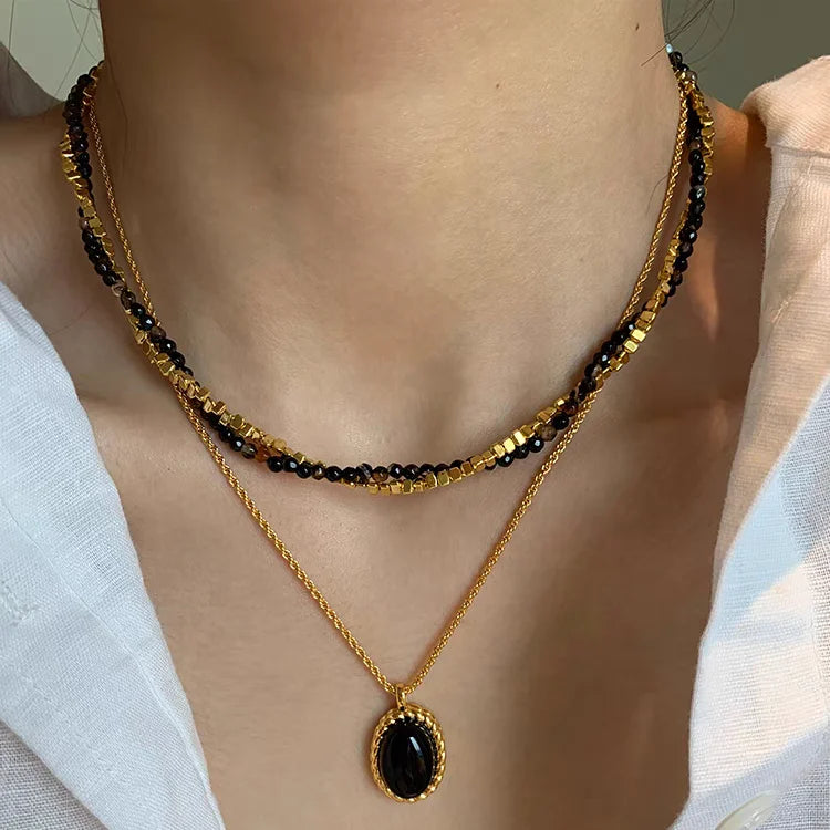 Vintage Natural Black Gallstone Double Layered Brass Electroplated 18k Gold Crushed Gold Beaded Necklace Jewelry Customization