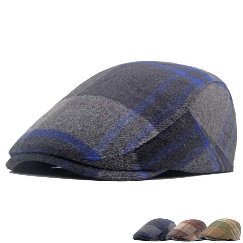 Autumn and Winter Middle Old Age Plus Fleece Warm Ivy Hat Men Casual Wool Coloured Checked Duck Tongue Ivy Hats