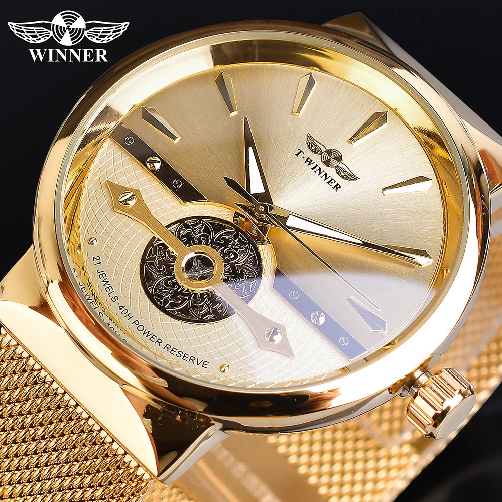 Winner Golden Male Watches Automatic Business Wrist Watch Analog Mesh Steel Band Self-Wind Mechanical Reloj Hombre Saat
