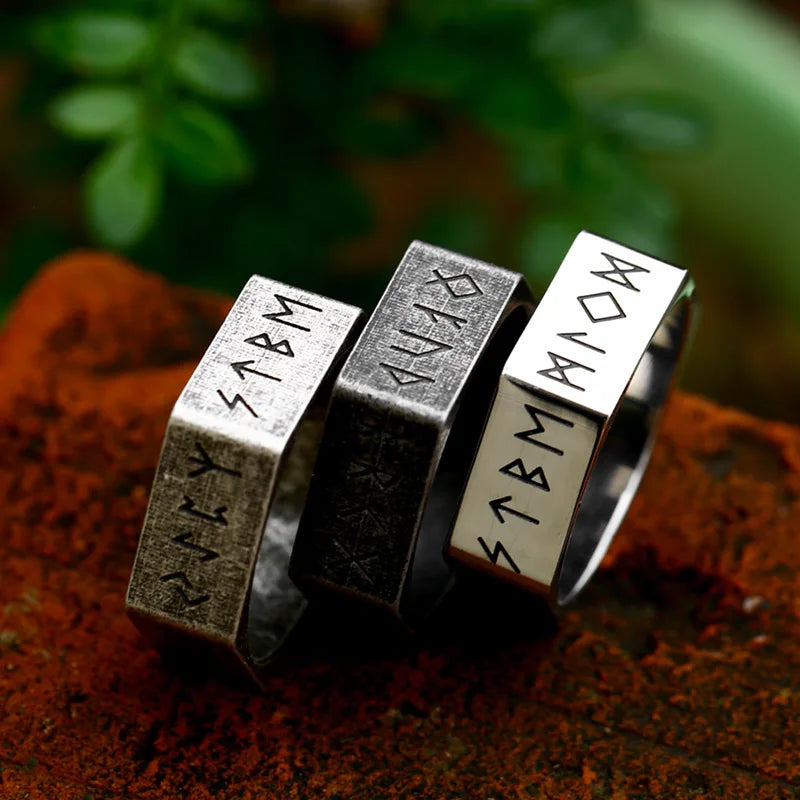 SS8-R230 New Creative Style 316L Stainless Steel Hexagon Viking Nordic Runes Ring for Men Fashion Biker Cool Jewelry Gift