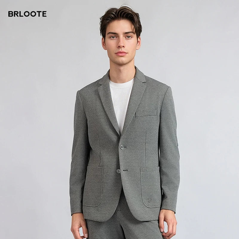 Stock Custom Men's British Style Elegant Business Suits High Quality Breathable Jacket Single Breasted Slim Fit Zipper Worsted