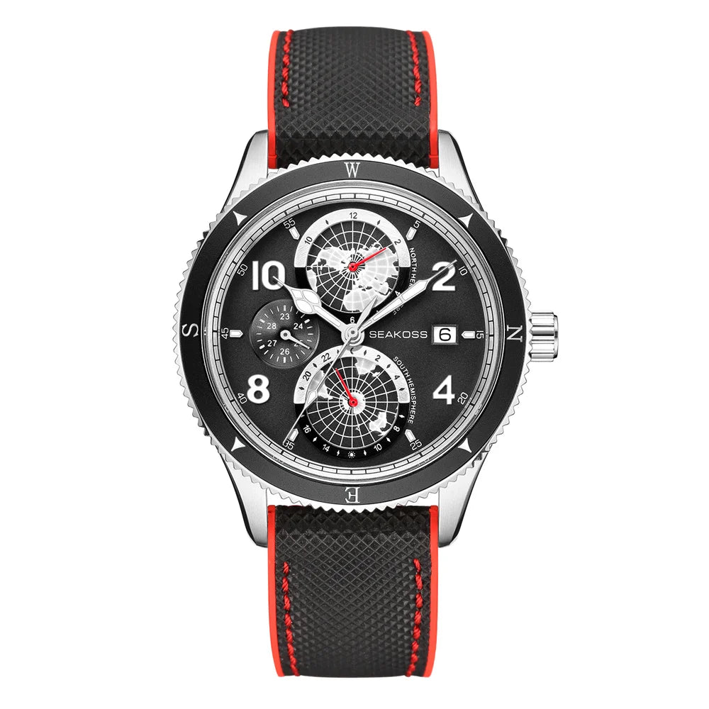 SEAKOSS Men's 1963 Earth Automatic Mechanical Watch 100m Dive Capability Super Diving Wristwatch Luminous Display 20mm Silicone