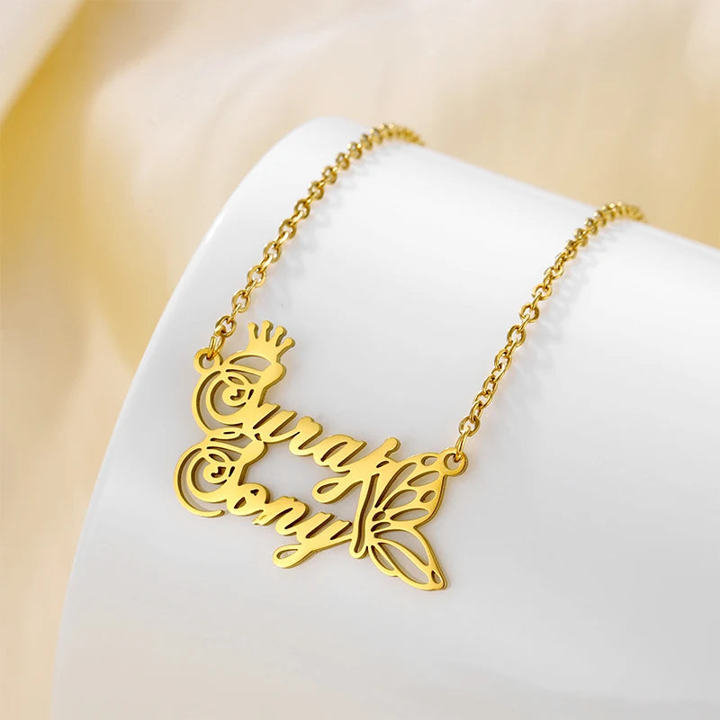 NEWNORTH Custom Name Necklace Stainless Steel Jewelry Personalized Custom Letter Crown Butterfly Name Pendant Necklace for Women