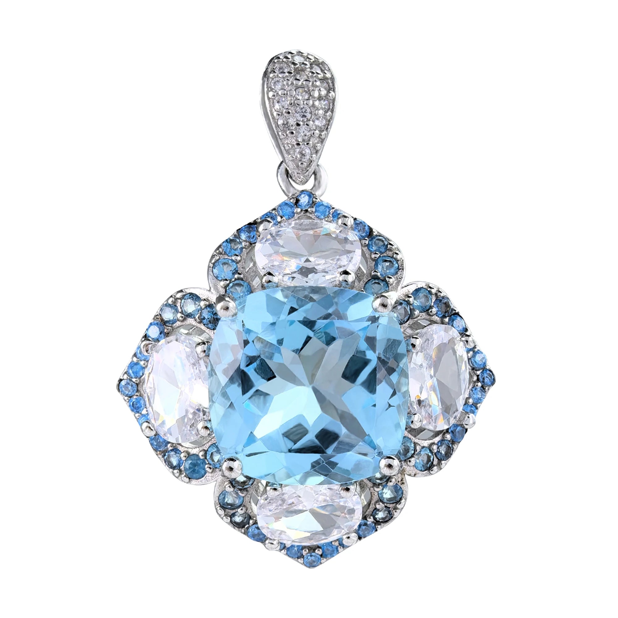 Graceful Rhodium Plated 925 Sterling Silver Natural Sky Blue Topaz Four Leaf Clover Pendant for Women Birthday Gift