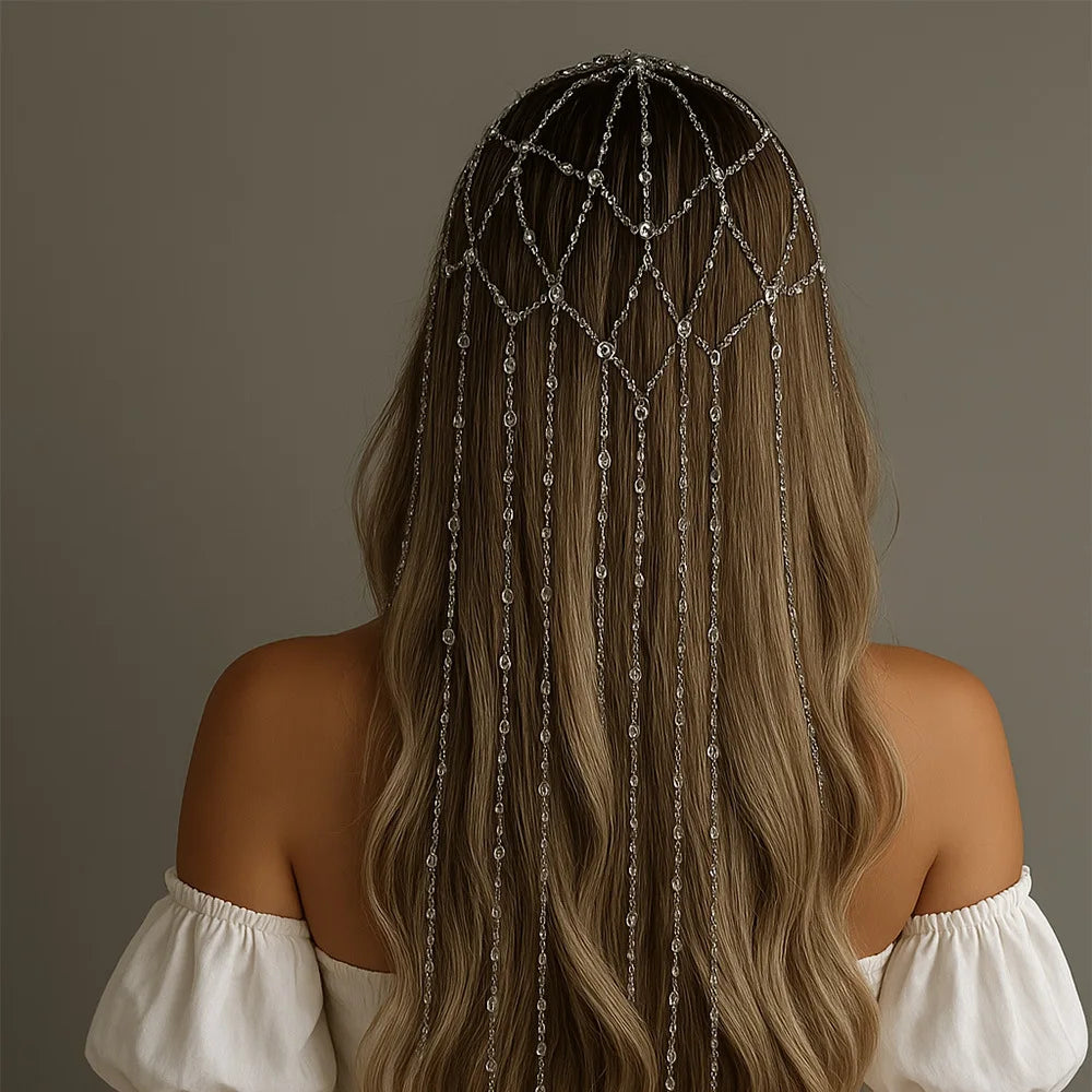 Tassel Hair Hoop Mesh Rhinestone Layered Head Chains Wedding Bridal Head Jewelry Cleopatra Hair Accessories for Women