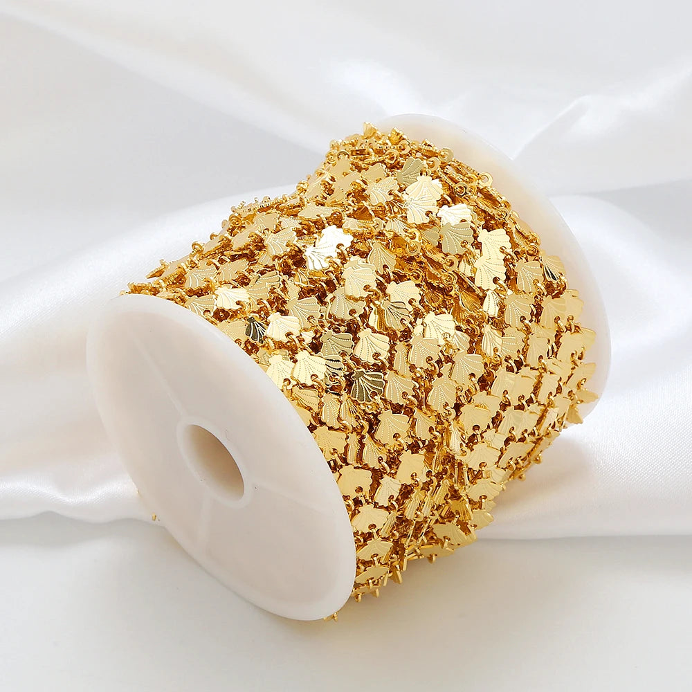 Creative DIY Bracelet Shell Chain 18K Gold Plated Brass Chains Leaf Carved Pattern Brass Handmade Loose Chain